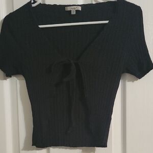 Forever 21 Black Ribbed Tie-Front Crop Blouse